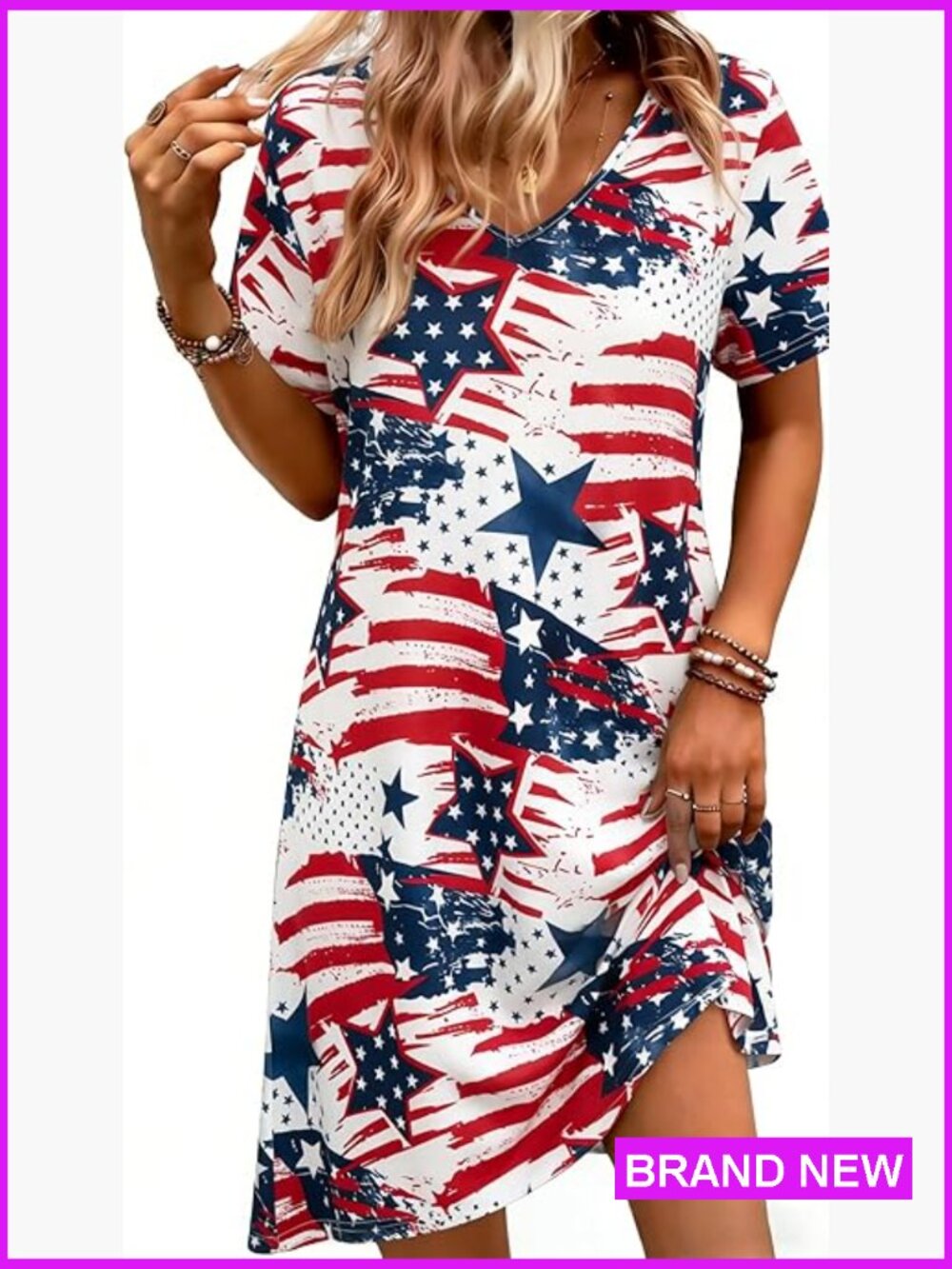 Patriotic V-Neck T-Shirt Dress Short Sleeve Swing Mini USA Summer Casual